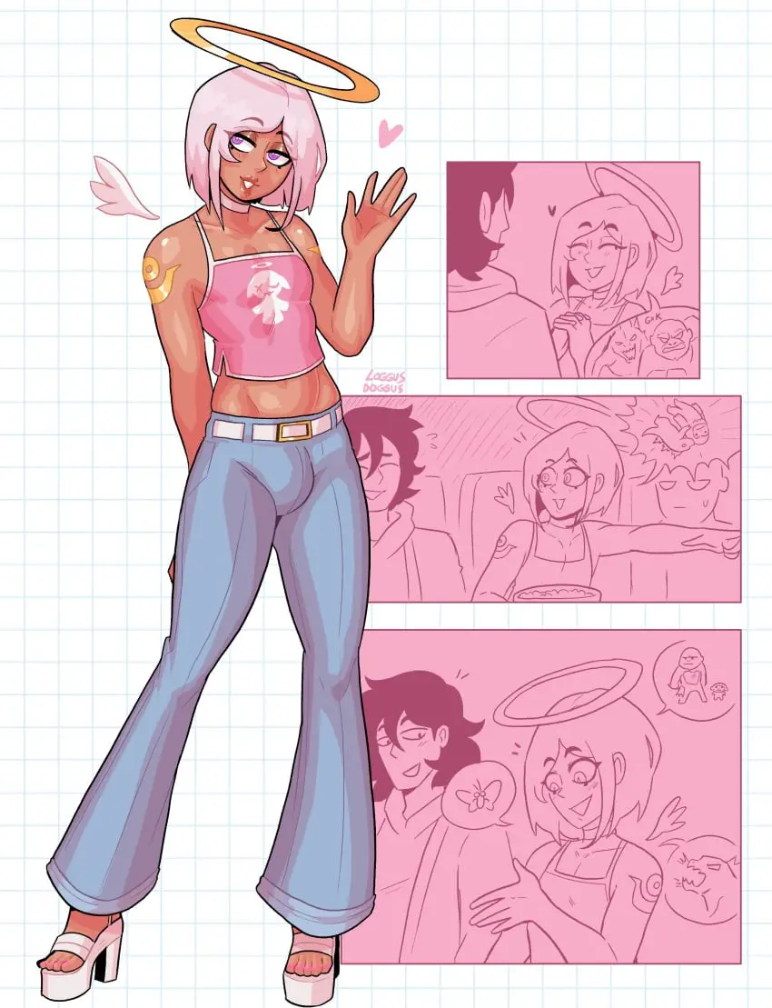 Image white_hair,male,smiling,2boys,femboy,male_only,tan_skin,yaoi,angel,halo,original,purple_eyes,gay,medium_hair,bulge,high_heels,platform_heels,heart,girly,tank_top,wholesome,jeans,angel_boy,very_high_resolution,loggus_doggus,anhel_(loggus_doggus),charlie_(loggus_doggus)