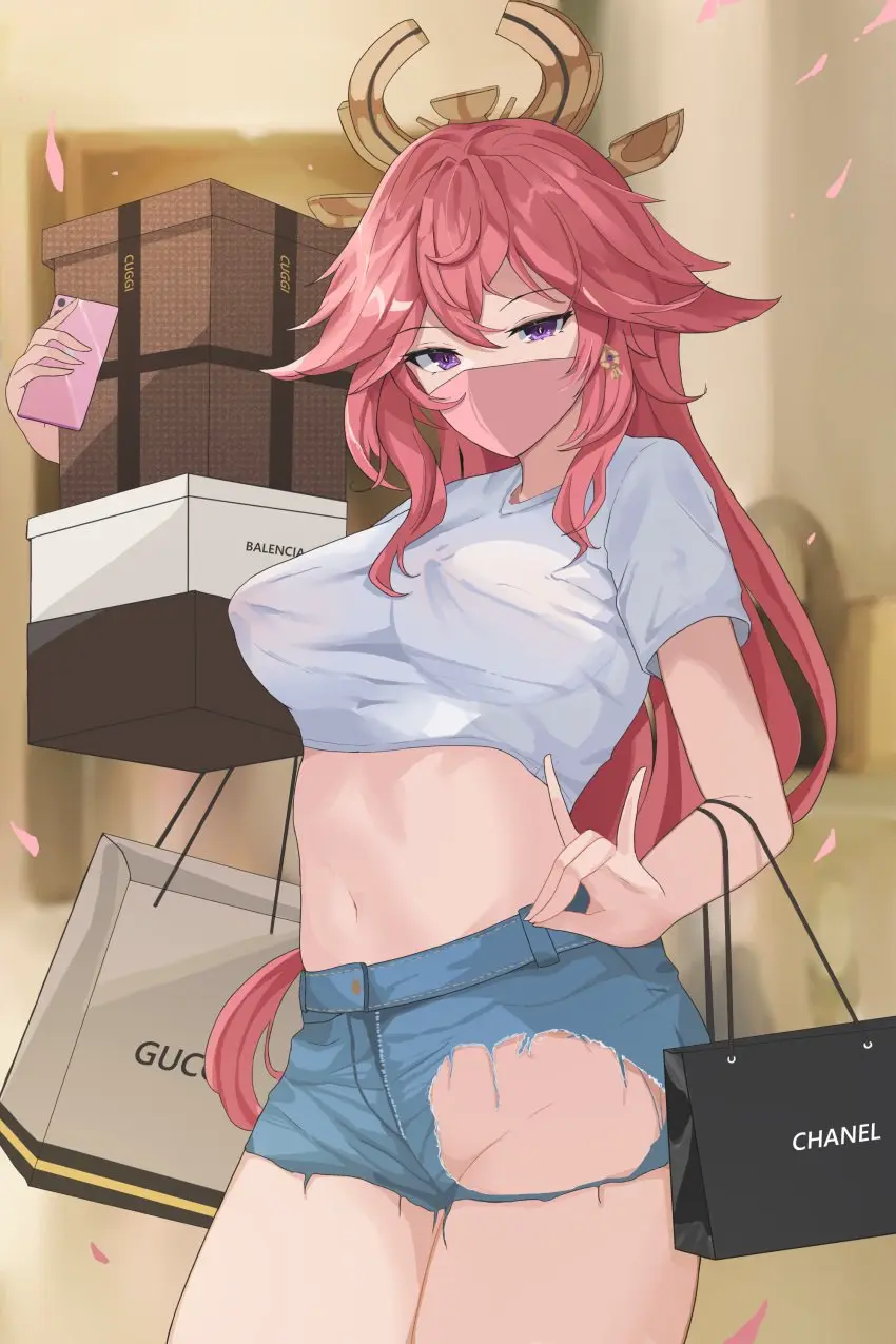 Image 1girls,breasts,female,female_only,hair_ornament,large_breasts,long_hair,looking_at_viewer,navel,midriff,pink_hair,purple_eyes,genshin_impact,yae_miko,no_panties,shorts,holding_phone,phone,crop_top,mask,mouth_mask,box,jean_shorts,torn_shorts,shopping_bag,alien_adviser,holding_box,white_crop_top