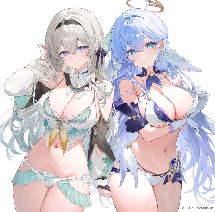 Image breasts,female,large_breasts,looking_at_viewer,shiny_skin,simple_background,smile,white_background,2girls,bikini,seductive,seductive_look,seductive_smile,thick_thighs,wide_hips,patreon_username,wet_skin,swimsuit,nail_polish,half-closed_eyes,cute,cameltoe,painted_nails,honkai:_star_rail,pulling_bikini_string,one_arm_up,marking_below_eyes,firefly_(honkai:_star_rail),machi_(7769),robin_(honkai:_star_rail)