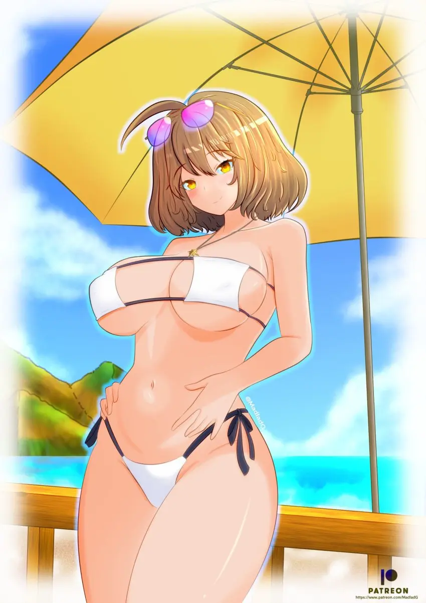 Image 1girls,big_breasts,breasts,female,female_only,large_breasts,navel,yellow_eyes,bikini,thick_thighs,sunglasses_on_head,pale-skinned_female,shoulder_length_hair,necklace,pale_skin,brown_hair,string_bikini,white_bikini,goddess_of_victory:_nikke,sunglasses,anis_(nikke),anis_(sparkling_summer)_(nikke)