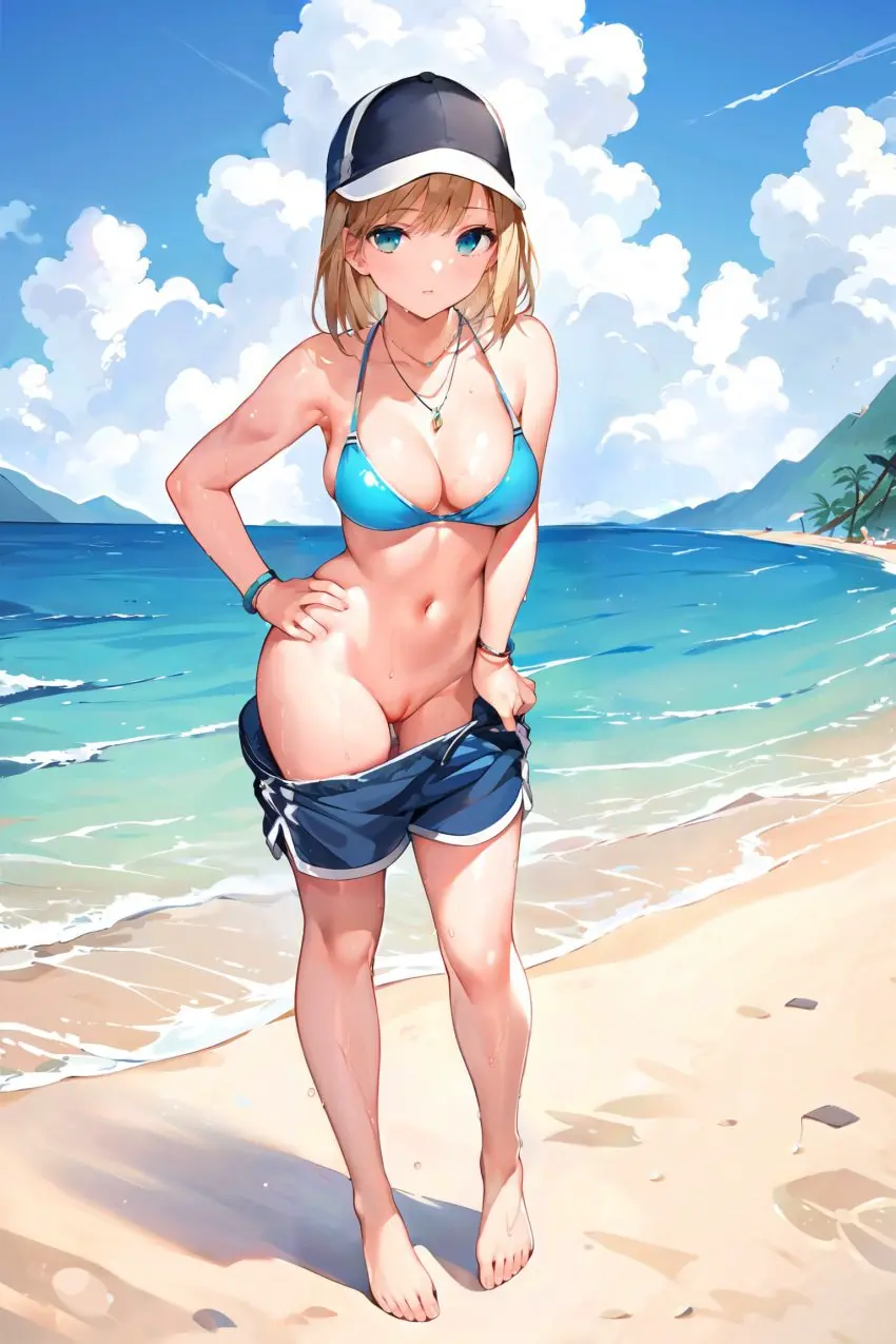Image 1girls,breasts,female,pussy,sweat,seductive,barefoot,beach,shy,ai_generated,medium_breasts,necklace,hand_on_hip,skindentation,no_panties,bikini_top,bracelet,undressing,body,dolphin_shorts,trucker_hat