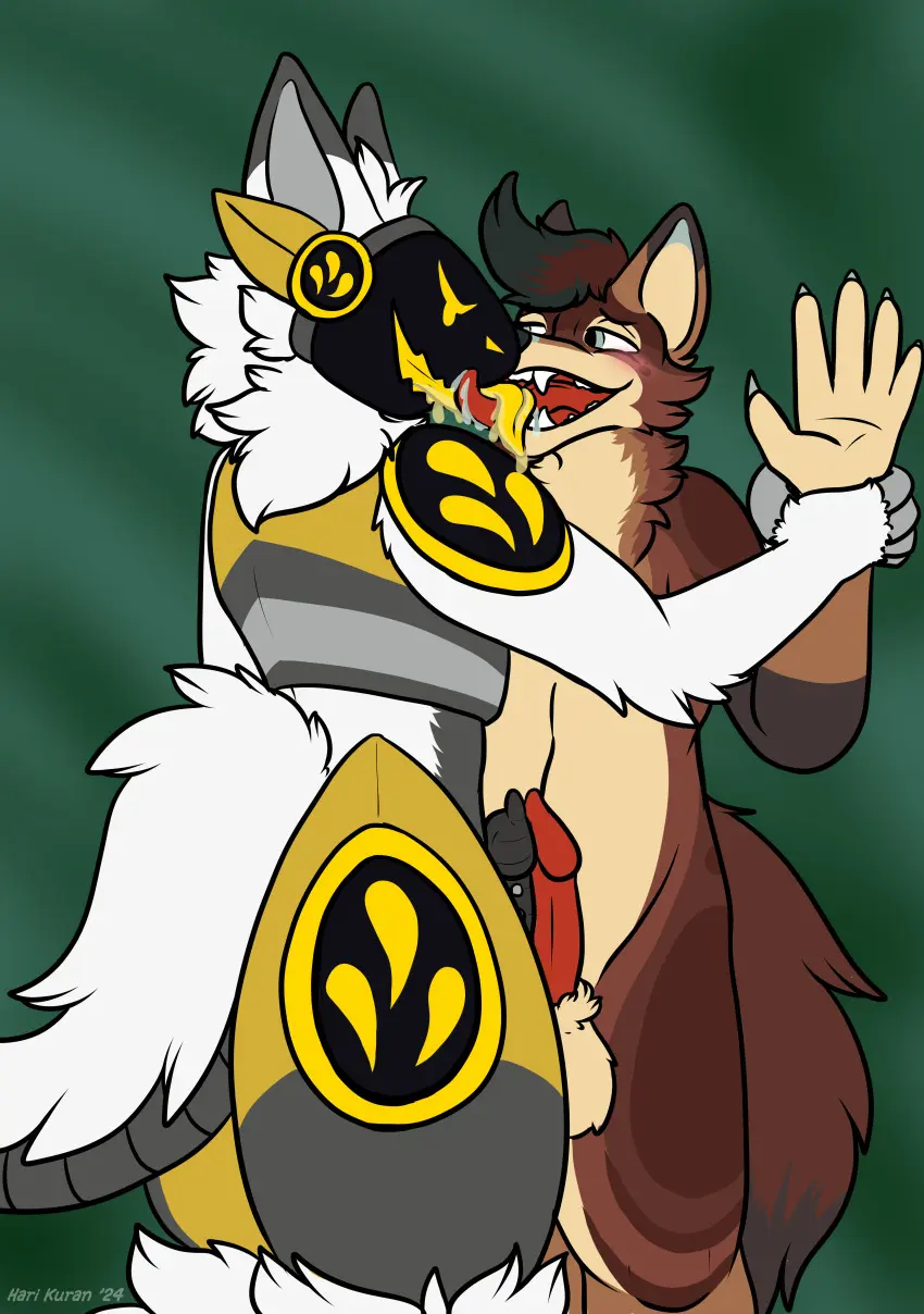 Image blush,hi_res,male,penis,furry,tongue,male/male,absurd_res,canid,canine,canis,genitals,mammal,kissing,frottage,machine,coyote,protogen,french-kiss,harikuran