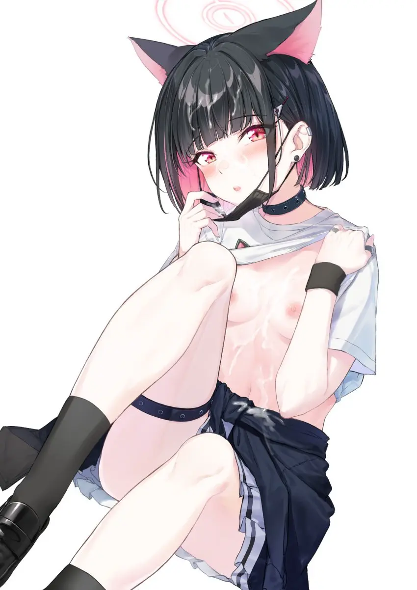 Image breasts,female,hair_ornament,highres,looking_at_viewer,nipples,shirt,solo,animal_ears,black_hair,cum,navel,blue_archive,choker,earrings,small_breasts,multicolored_hair,cat_ears,cat_girl,clothes_around_waist,jewelry,pink_hair,pink_eyes,hairclip,sitting,cum_on_breasts,facial,halo,medium_hair,lifted_by_self,presenting,miniskirt,skirt,short_sleeves,cum_on_body,white_shirt,two-tone_hair,pleated_skirt,black_choker,jacket,clothes_lift,shirt_lift,thigh_strap,slit_pupils,pink_halo,animal_print,trinity_general_school_student,knees_up,hands_up,white_skirt,bare_legs,cum_on_stomach,black_jacket,after-school_sweets_club_(blue_archive),kazusa_(blue_archive),kazusa_(band)_(blue_archive),black_wristband,jacket_around_waist,cat_print,coffeekite,knee_to_chest