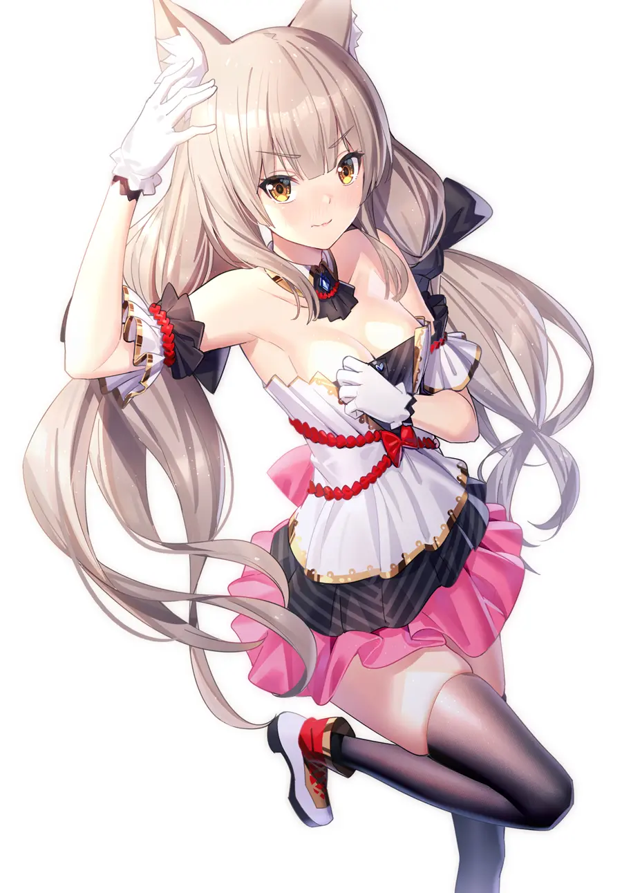 Image 1girls,breasts,female,grey_hair,looking_at_viewer,gloves,thighhighs,yellow_eyes,cat_ears,catgirl,medium_breasts,dress,nintendo,detached_collar,twintails,white_dress,core_crystal,xenoblade_(series),xenoblade_chronicles_2,shoes,armband,nia,nia_(blade),ririko_(zhuoyandesailaer)