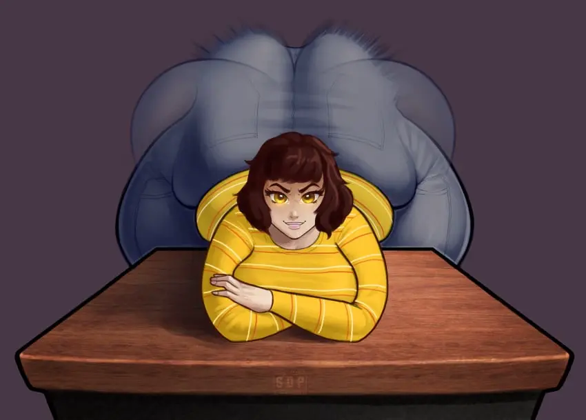 Image breasts,clothing,female,looking_at_viewer,simple_background,smile,yellow_eyes,background,ass,huge_ass,uncensored,smiling,clothes,grin,grinning_at_viewer,hair,tagme,bent_over,motion_lines,persona,sweater,table,persona_5,jeans,clapping_cheeks,twerking,yellow_clothing,clapping_ass,ass_clapping,sadayo_kawakami,bent_over_table,ignantastro,stardustpapi,yellow_sweater