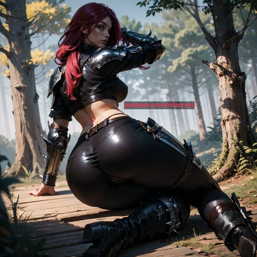 Image red_hair,big_ass,ai_generated,from_behind,green_eyes,stable_diffusion,cameltoe,tight_clothing,league_of_legends,tight_pants,katarina_du_couteau,leather_pants,vilacrym