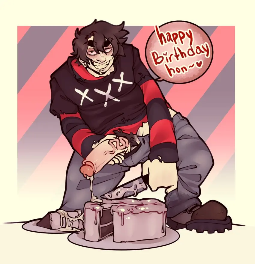 Image clothed,looking_at_viewer,1boy,male,penis,big_penis,drooling,veiny_penis,pinup,ejaculation,thick_penis,cumming,cumshot,long_penis,penis_out,cake,bileshroom,cake_slice,purpleverse,baby_myers,the_loverman_killer,cum_on_cake