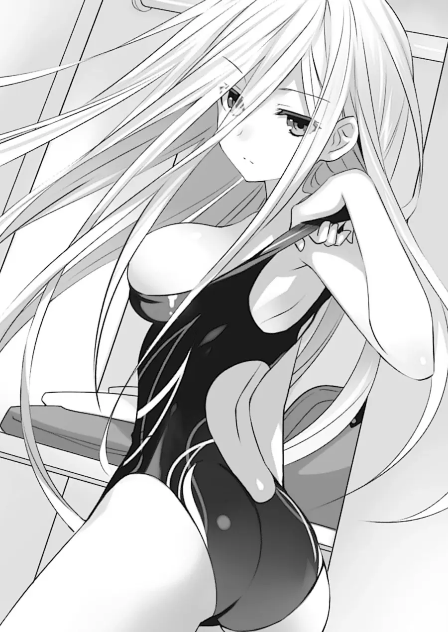 Image big_breasts,breasts,female,long_hair,ass,thighs,armpits,bare_thighs,one-piece_swimsuit,swimsuit,mature_female,back,black_and_white,back_view,bare_legs,date_a_live,official_art,novel_illustration,tsunako,ellen_mira_mathers,removing_swimsuit