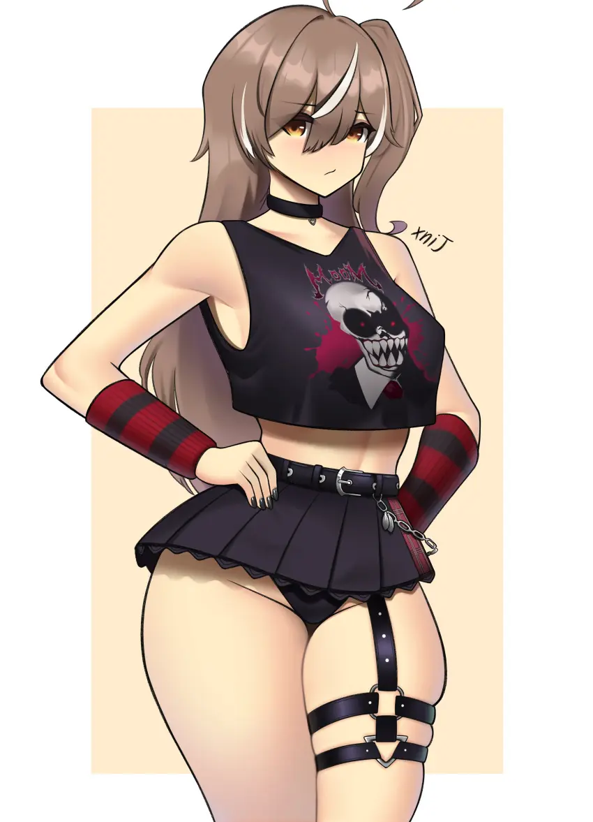 Image 1girls,female,female_only,highres,light-skinned_female,light_skin,long_hair,looking_at_viewer,shirt,simple_background,solo,standing,white_background,panties,female_focus,thighs,voluptuous,virtual_youtuber,solo_female,vtuber,2d,voluptuous_female,artist_request,brown_hair,hololive,collar,miniskirt,skirt,hourglass_figure,revealing_clothes,alternate_costume,belt,2d_(artwork),high_resolution,thong,skimpy_clothes,front_view,fully_clothed,goth,goth_girl,alternate_hairstyle,hololive_english,vtuberfanart,hololive_english_-council-,hololive_english_-promise-,short_shirt,black_thong,panty_peek,nanashi_mumei,nanashi_mumei_(emo),dark_clothing,nanashi_mumei_(4th_costume)