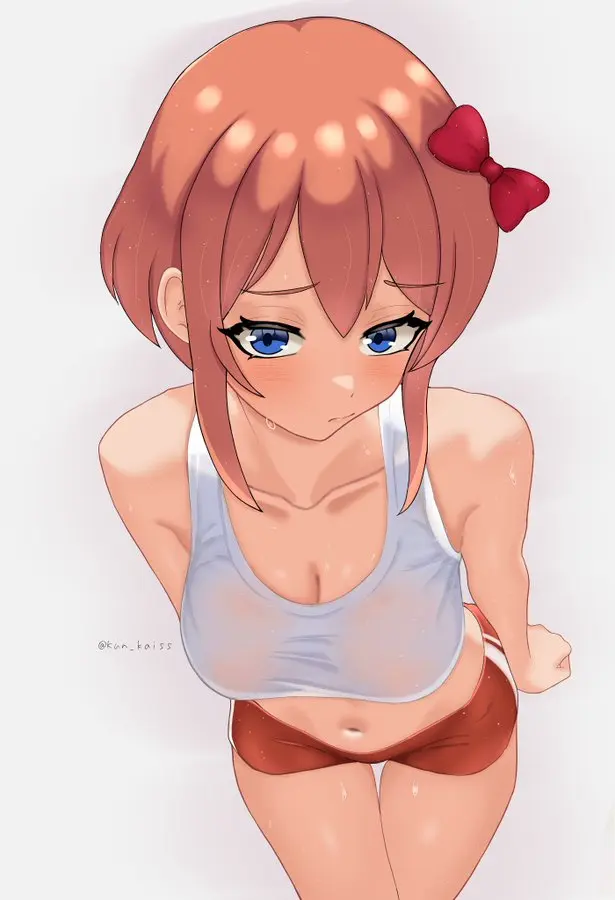 Image 1girls,female,hair_ornament,blue_eyes,sweat,hair_ribbon,artist_signature,doki_doki_literature_club,red_bow,just_sayori,sayori_(doki_doki_literature_club),workout_clothes,kun_kaiss