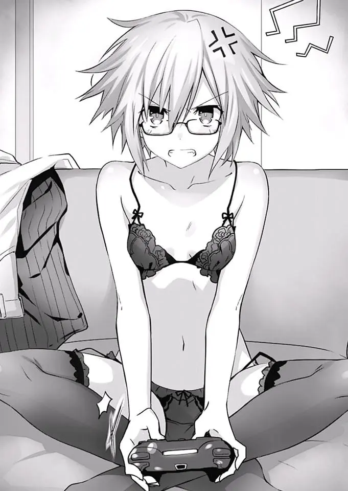 Image breasts,female,short_hair,thighhighs,bra,panties,underwear,small_breasts,thighs,bare_belly,bare_shoulders,belly_button,glasses,black_and_white,angry,angry_expression,garter_belt,garter_straps,date_a_live,bare_arms,official_art,novel_illustration,tsunako,playing_videogame,honjou_nia,dress_removed