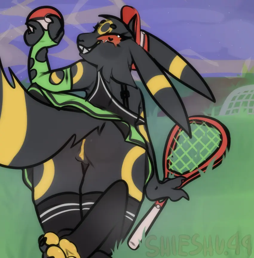 Image clothing,female,hi_res,smile,solo,eeveelution,nude,pokemon,pokemon_(species),pussy,umbreon,ass,hat,headwear,feet,headgear,anthro,stockings,nintendo,skirt,genitals,paws,black_body,legwear,foot_focus,bottomwear,pokeball,generation_2_pokemon,butt_focus,shieshuqqq,insane,yellow_paws,tennis_racket