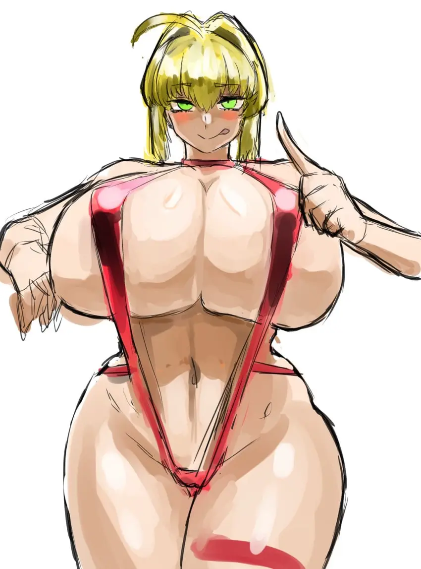 Image big_breasts,breasts,female,looking_at_viewer,tongue_out,colored,thick_thighs,blonde_hair,green_eyes,colored_sketch,sling_bikini,fate_(series),nero_claudius_(fate)