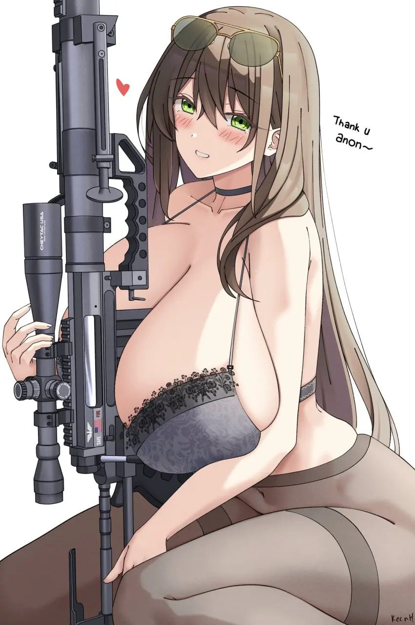 Image blush,breasts,female,smile,very_long_hair,thick_thighs,wide_hips,lingerie,text,gigantic_breasts,green_eyes,sunglasses_on_head,original,original_character,brown_hair,collar,heart,english_text,signature,holding_weapon,commission,object_between_breasts,pantyhose,sunglasses,crossed_bangs,holding_gun,firearm,someone_else's_oc,keenh,machine_gun