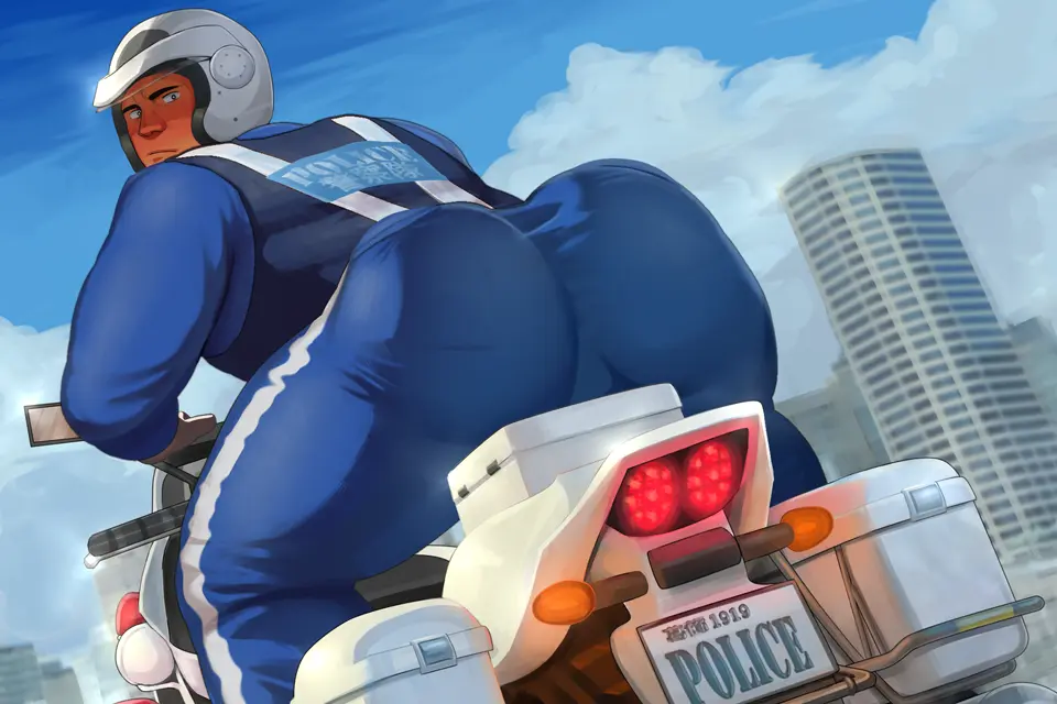 Image blush,clothed,clothing,human,human_only,looking_at_viewer,solo,1boy,male,ass,big_ass,big_butt,huge_ass,huge_butt,looking_back,thick_thighs,muscular,muscular_male,male_only,yaoi,solo_focus,thick_ass,sitting,gay,bara,outdoors,presenting,public,tight_clothing,partially_clothed,sweaty,outside,back_view,solo_male,arched_back,police,muscles,blushing,city,backsack,muscular_thighs,presenting_ass,city_background,presenting_butt,police_uniform,tight_pants,unprofessional_behavior,riding_motorcycle,mori_take,sitting_on_motorcycle