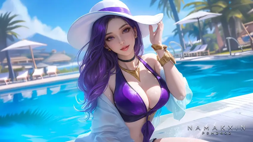 Image 1girls,female,female_only,looking_at_viewer,solo,bikini,water,ai_generated,cleavage,revealing_clothes,league_of_legends,pool,fully_clothed,arcane,caitlyn_kiramman,namakxin,pool_party_caitlyn,pool_party_series