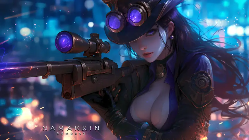 Image 1girls,big_breasts,breasts,female,solo,ai_generated,cleavage,league_of_legends,eyewear_on_head,arcane,caitlyn_kiramman,partially_nude,sniper,namakxin