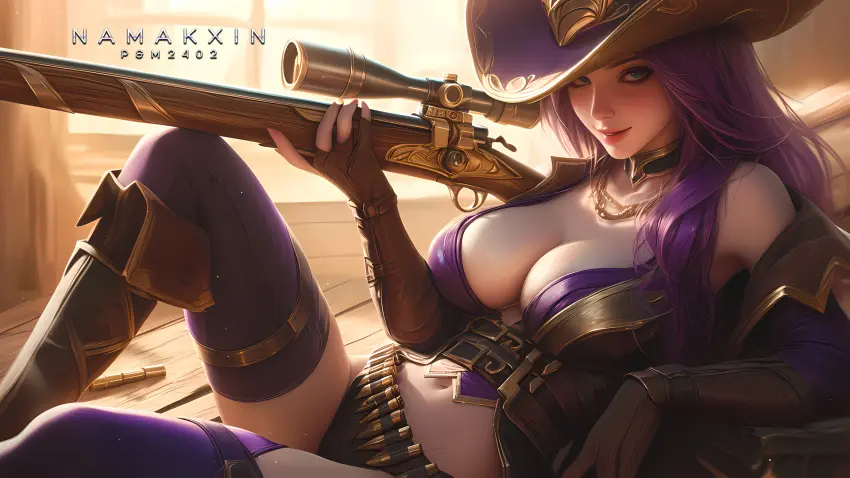 Image 1girls,big_breasts,breasts,female,solo,ai_generated,cleavage,stockings,league_of_legends,boots,arcane,caitlyn_kiramman,cowgirl,partially_nude,cowboy,sniper,namakxin