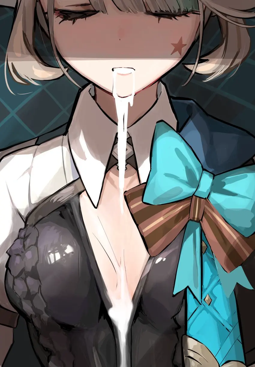 Image 1girls,bow,breasts,female,grey_hair,highres,solo,absurdres,cum,cum_in_mouth,artist_name,cum_on_breasts,facial,dress,after_oral,closed_eyes,genshin_impact,after_fellatio,cumdrip,upper_body,cum_on_body,black_dress,cum_overflow,dripping_cum,star_(symbol),lynette_(genshin_impact),aqua_bow,bfmelu,star_print