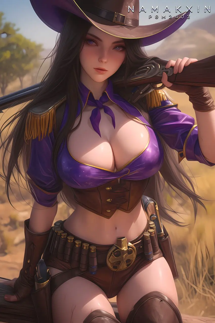 Image female,female_only,panties,ai_generated,cleavage,midriff,outdoors,tight_clothing,revealing_clothes,shorts,skimpy_clothes,league_of_legends,holding_weapon,weapon,fully_clothed,caitlyn_kiramman,shiny_clothes,namakxin