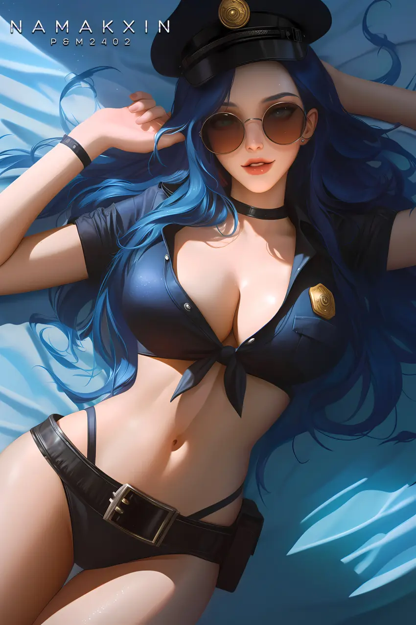 Image female,female_only,choker,panties,ai_generated,cleavage,midriff,glasses,tight_clothing,revealing_clothes,thong,skimpy_clothes,league_of_legends,fully_clothed,uniform,sunglasses,tinted_eyewear,police,wearing_glasses,police_uniform,caitlyn_kiramman,thong_straps,midriff_baring_shirt,namakxin,brown-tinted_eyewear,cops_and_robbers_series,officer_caitlyn