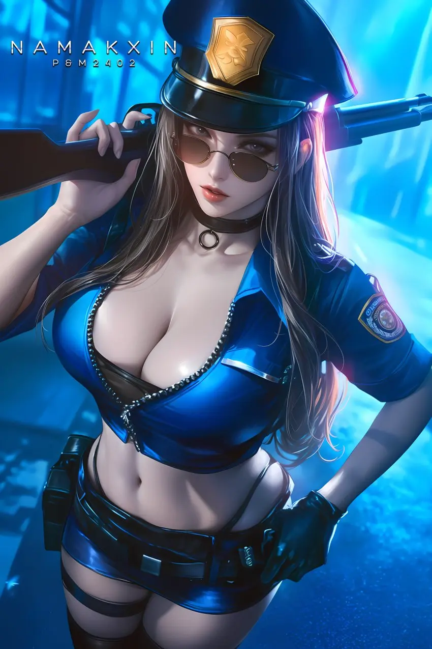 Image big_breasts,breasts,female,female_only,gloves,ai_generated,cleavage,stockings,brown_hair,collar,miniskirt,skirt,tight_clothing,revealing_clothes,skimpy_clothes,league_of_legends,holding_weapon,weapon,fully_clothed,uniform,sunglasses,looking_over_eyewear,looking_over_glasses,looking_over_sunglasses,tinted_eyewear,police,wearing_glasses,gun,police_uniform,caitlyn_kiramman,thong_straps,namakxin,cops_and_robbers_series,officer_caitlyn
