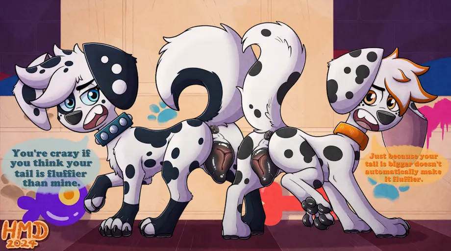 Image female,white_hair,black_hair,blue_eyes,pussy,tail,background,disney,looking_back,white_skin,duo,orange_eyes,shading,hair,text,anus,collar,canid,canine,canis,domestic_dog,mammal,dialogue,paws,rear_view,black_body,looking_at_another,black_nose,oc,dialogue_box,white_body,female/female,looking_over_shoulder,text_box,text_bubble,long_ears,animal_genitalia,fluffy,fluffy_tail,white_fur,feral,animal_pussy,feral_only,black_fur,spots,spotted_body,spotted_fur,husky,dalmatian,animal,black_spots,nail,complex_background,101_dalmatian_street,101_dalmatians,hmdkoba,dalmatian_half_husky,dalsky,dalsky_(dalmatian_and_husky),maddie_(101_dalmatians),maddie_(hdmkoba)