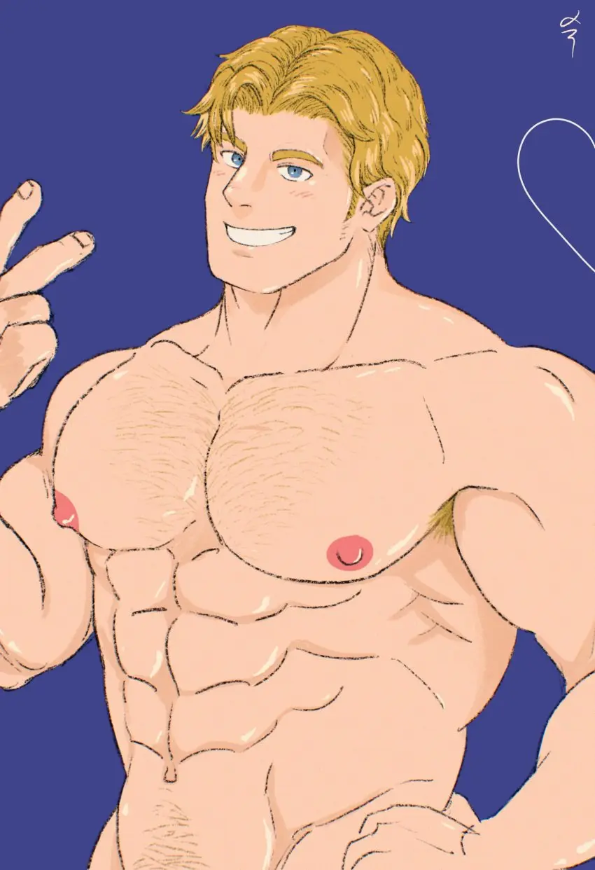 Image hi_res,human,human_only,nipples,simple_background,smile,solo,1boy,blue_eyes,male,navel,blue_background,muscular,muscular_male,male_only,yaoi,blonde_hair,bara,biceps,upper_body,thick_eyebrows,solo_male,abs,pectorals,large_pectorals,body_hair,navel_hair,armpit_hair,no_visible_genitalia,chest_hair,muscular_chest,sideburns,paparatsy,lewis_smith,yuuki_bakuhatsu_bang_bravern