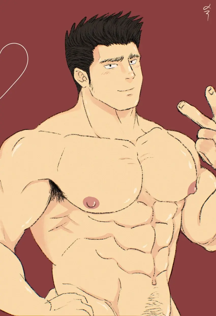 Image hi_res,human,human_only,nipples,simple_background,smile,solo,1boy,black_hair,male,navel,muscular,muscular_male,male_only,yaoi,bara,biceps,upper_body,thick_eyebrows,solo_male,abs,pectorals,large_pectorals,red_background,body_hair,navel_hair,armpit_hair,no_visible_genitalia,muscular_chest,sideburns,paparatsy,ao_isami,yuuki_bakuhatsu_bang_bravern