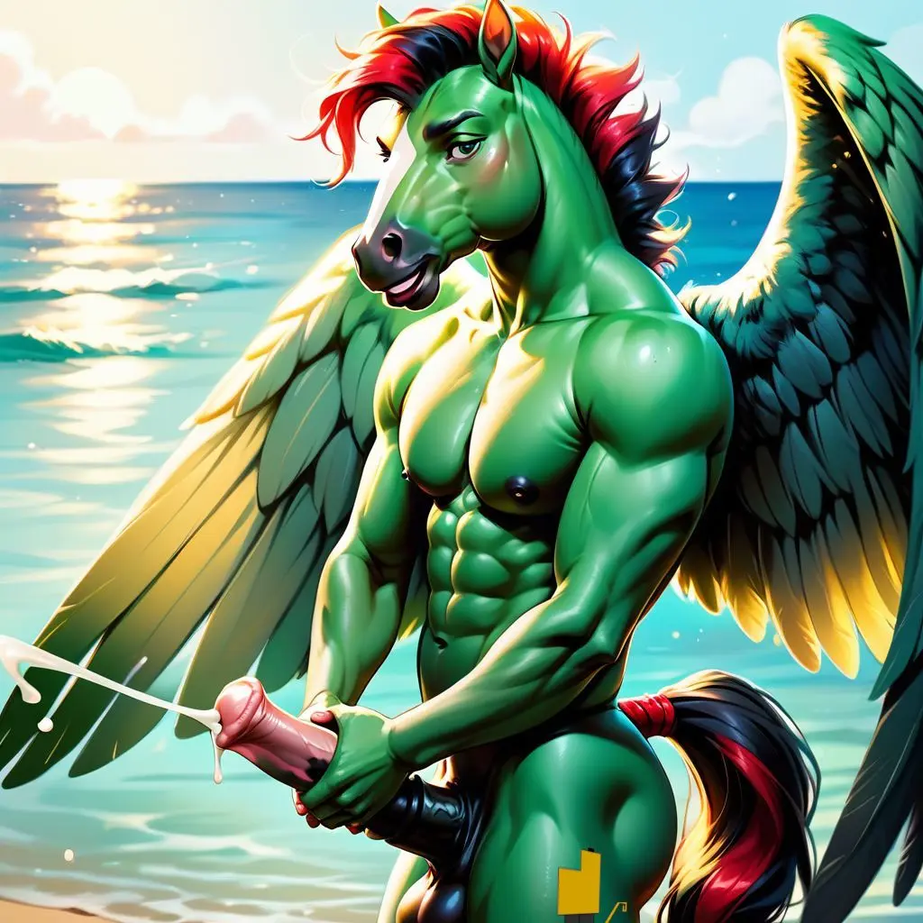 Image solo,cum,male,penis,furry,big_penis,humanoid,multicolored_hair,muscular,muscular_male,beach,ai_generated,balls,hair,wings,anthro,green_eyes,big_balls,genital_fluids,bodily_fluids,genitals,mammal,muscular_anthro,excessive_cum,excessive_genital_fluids,green_body,furry_only,animal_genitalia,animal_penis,furry_male,equid,equine,horse,equine_penis,horse_ears,horse_tail,beach_background,seaside,spread_wings,cum_shot,director_homer_26