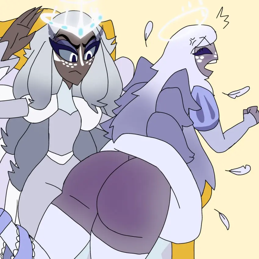 Image female,female_only,ass,feathers,artist_request,ass_focus,angry_face,girls_only,hazbin_hotel,spanking,spank_marks,sera_(hazbin_hotel),emily_(hazbin_hotel),angels