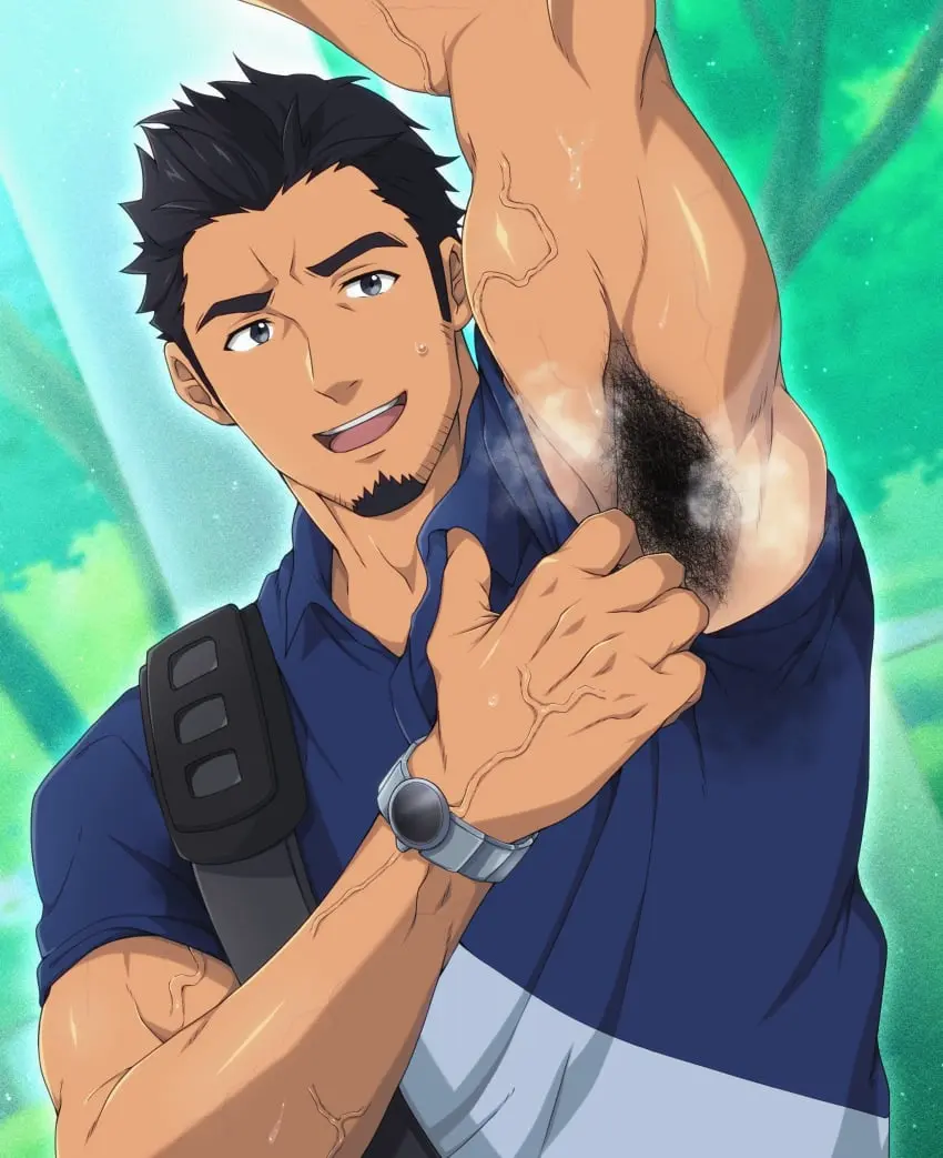 Image hi_res,solo,1boy,black_hair,male,sweat,veins,muscular,muscular_male,armpits,male_only,tanlines,tanned,biceps,upper_body,armpit_fetish,sweating,arm_up,beard,muscles,facial_hair,armpit_hair,hairy_armpits,sweat_stain,musky,veiny_biceps,goatee,polo_shirt,veiny_arms,wristwatch,showing_armpits,sideburns,stained_clothes,showing_armpit,kurazon_(climb_zombie),makio_nakano,neko_ga_kureta_marui_shiawase