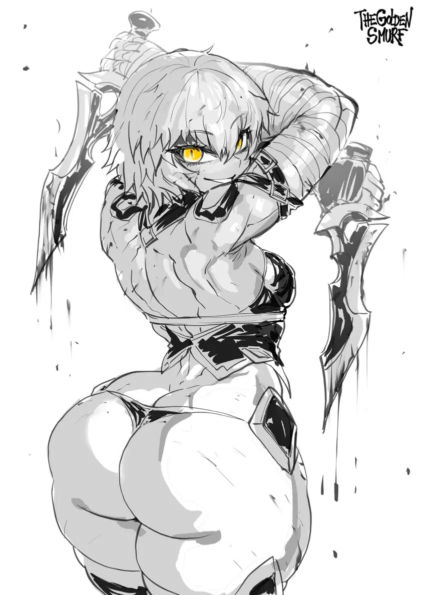Image female,ass,huge_ass,thick_thighs,muscular,artist_name,black_and_white,holding_object,artist_signature,ass_focus,thong,shortstack,sketch,artist_logo,holding_weapon,weapon,muscular_female,fate_(series),barely_clothed,creepy_smile,pear-shaped_figure,golden_eyes,fate/apocrypha,small_female,jack_the_ripper_(fate/apocrypha),blades,thegoldensmurf