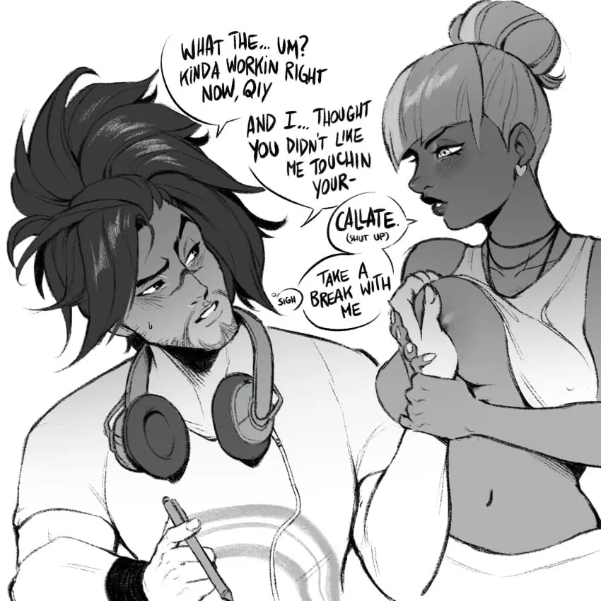 Image 1girls,breasts,female,1boy,male,dialogue,breast_grab,english_text,league_of_legends,spanish_text,speech_bubble,riot_games,true_damage_qiyana,qiyana_yunalai,yasuo,double_daggers,true_damage_series,true_damage_yasuo
