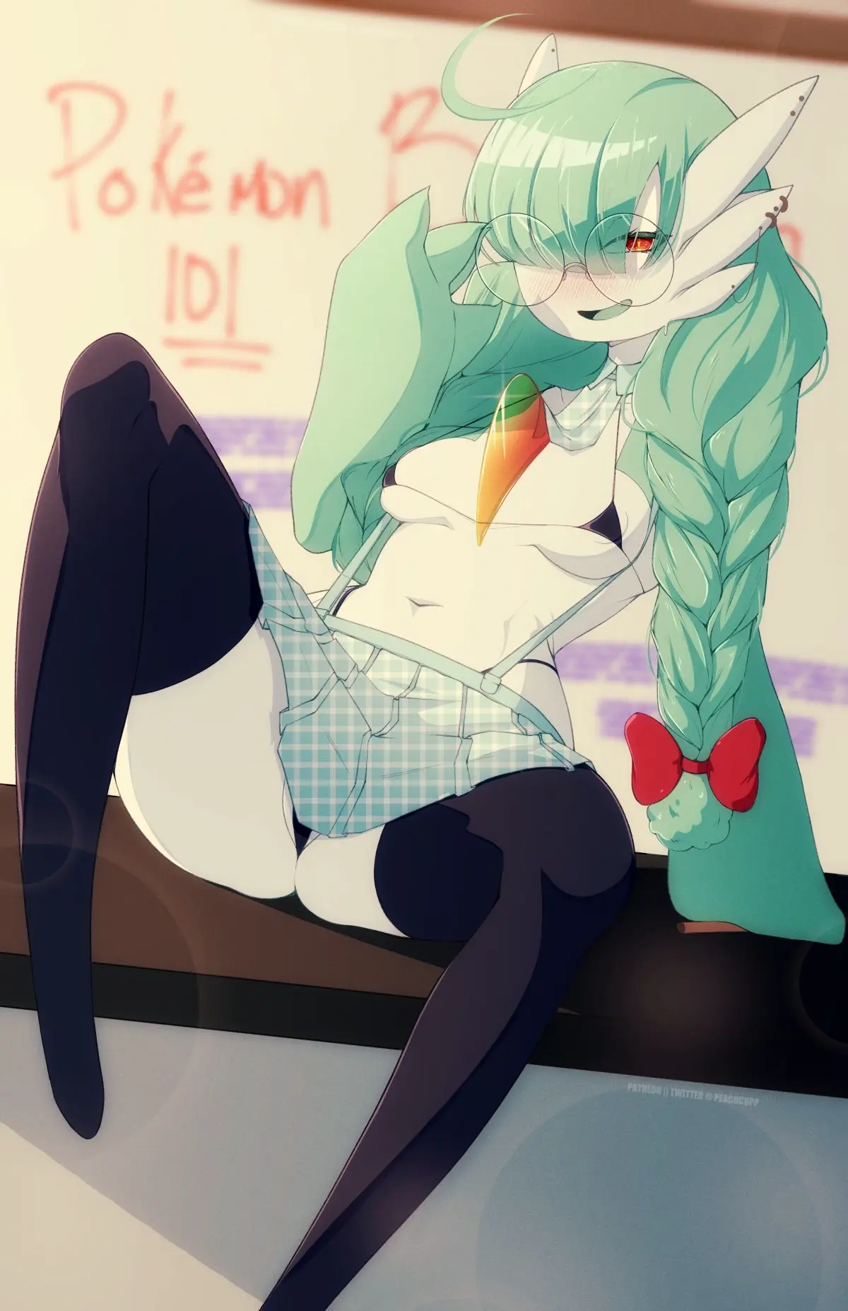 Image 1girls,blush,breasts,female,female_only,hi_res,long_hair,looking_at_viewer,red_eyes,solo,bangs,pokemon,pokemon_(species),thighhighs,bikini,small_breasts,hair_over_one_eye,smiling,smiling_at_viewer,glasses,green_eyes,sitting,hair_ribbon,sitting_on_table,nintendo,braid,skirt,pokémon_(species),tuft,side-tie_bikini,black_thighhighs,generation_3_pokemon,gardevoir,round_glasses,adjusting_glasses,peachcupp,cecilia_(peachcupp)