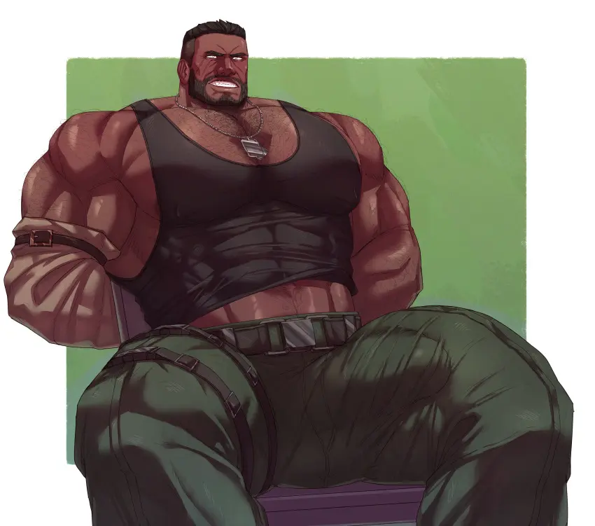 Image clothing,solo,male,penis,big_penis,erection,muscular,male_only,yaoi,balls,sitting,bara,bulge,erection_under_clothes,big_balls,final_fantasy,final_fantasy_vii,solo_male,hands_behind_back,fully_clothed,boner,beard,muscles,square_enix,facial_hair,body_hair,barret_wallace,ghangaji