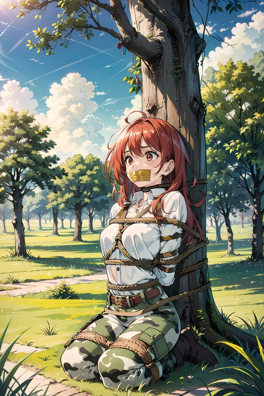 Image female,red_eyes,red_hair,ai_generated,bondage,military_uniform,gag,gagged,rope_bondage,rope_harness,tied_to_tree,arms_tied_behind_back,bound_legs,tape_gag,esthania