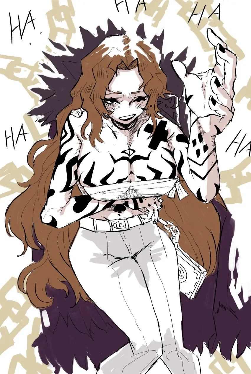 Image 1girls,big_breasts,breasts,clothing,female,long_hair,looking_at_viewer,standing,cleavage,tattoo,one_eye_closed,brown_hair,revealing_clothes,barely_clothed,coat,project_moon,limbus_company,laugh,rodion_(limbus_company),the_middle_(identity)_(project_moon)