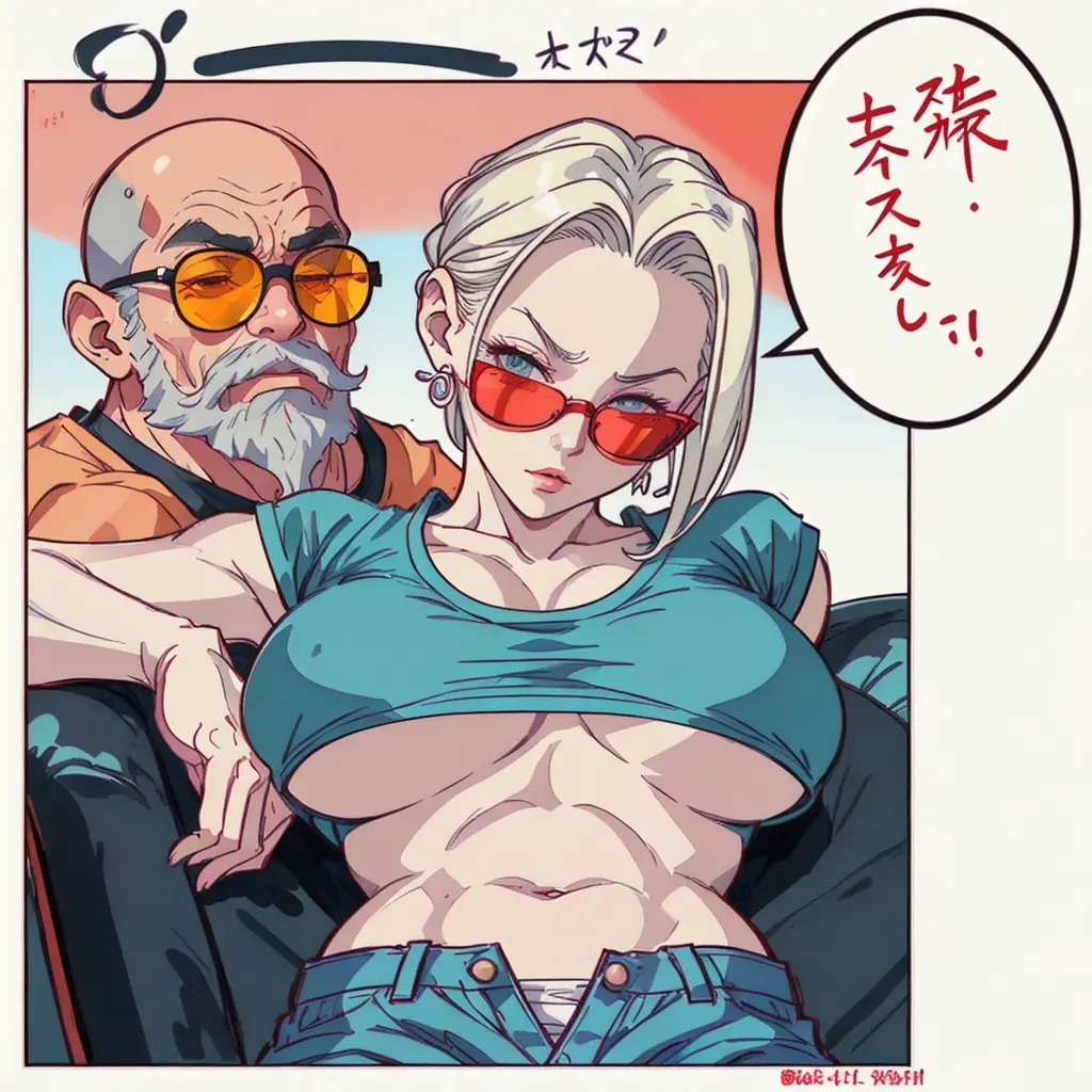 Image female,ai_generated,tagme,android_18,dragon_ball,artist_request,master_roshi,sunglasses,looking_over_eyewear,looking_over_glasses,looking_over_sunglasses,tinted_eyewear,red-tinted_eyewear