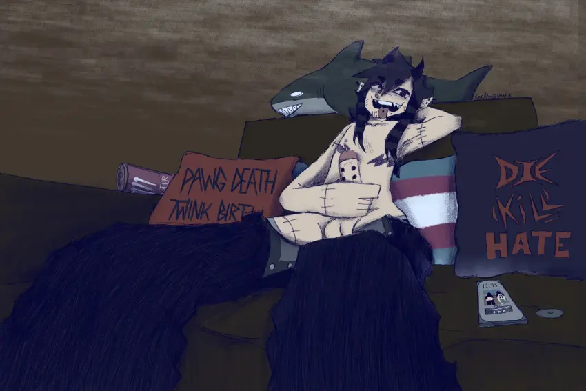 Image looking_at_viewer,1boy,blue_hair,male,penis,tongue_out,armpits,horns,femboy,male_only,tattoo,piercing,sitting,cock,dick,demon_horns,masturbation,fangs,couch,oc,phone,smoke,twink,jeans,self_insert,plushie,piercings,stitches,mastectomy_scar,trans_man,transmasc,shirtless,penis_out,tattoos,tongue_piercing,blahaj,ikea,monster_energy_drink,jerking_off,shirtless_male,monster_energy,transgender_pride_colors,cock_piercing,jeans_down,playing_music,couch_sitting,jacking_off,100_gecs,die_kill_hate,inebriated,plush,selfmademalix