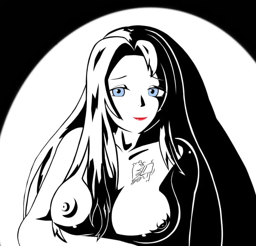 Image 1girls,big_breasts,breasts,exposed_breasts,female,long_hair,looking_at_viewer,blue_eyes,nude,tattoo,black_and_white,lipstick,project_moon,limbus_company,rodion_(limbus_company)