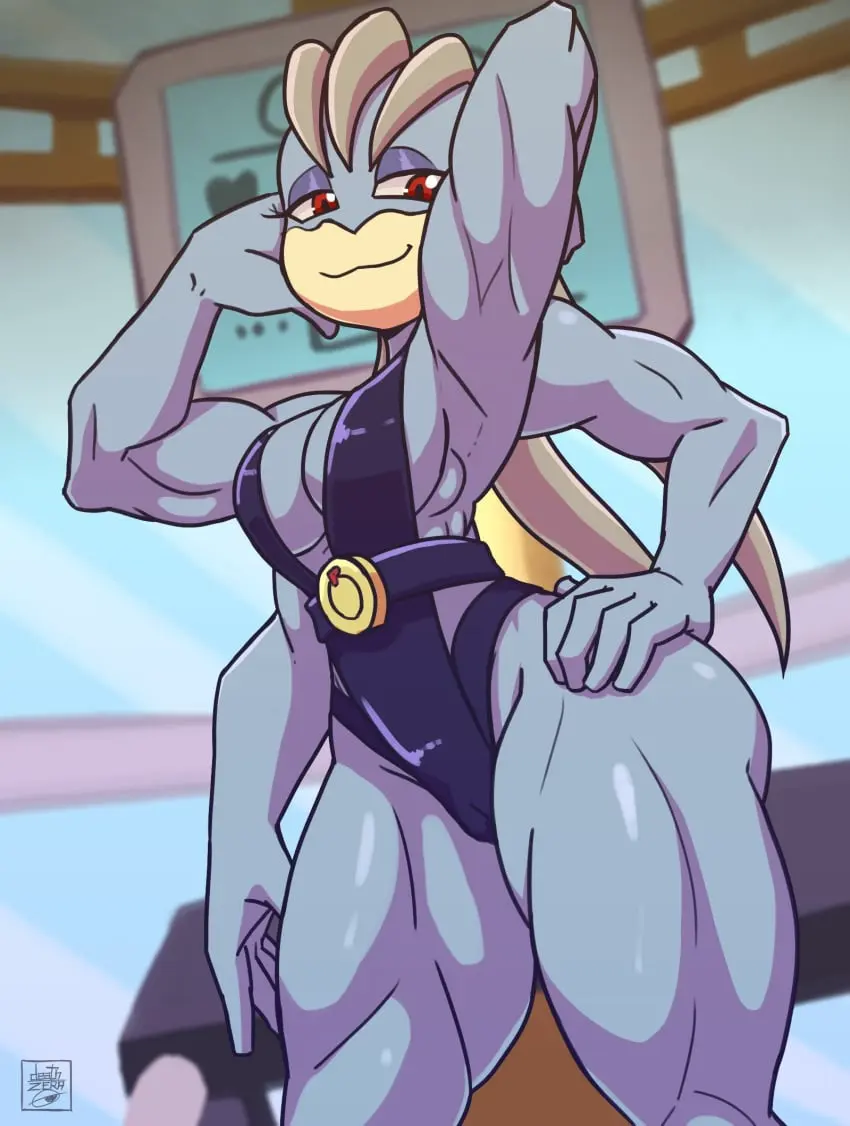Image breasts,clothed,female,hi_res,looking_at_viewer,red_eyes,smile,solo,pokemon,pokemon_(species),humanoid,muscular,armpits,tagme,half-closed_eyes,nintendo,self_upload,2022,latex,narrowed_eyes,video_games,fingers,signature,muscular_female,pokémon_(species),multi_arm,multi_limb,muscular_humanoid,machamp,deathzera,female_machamp