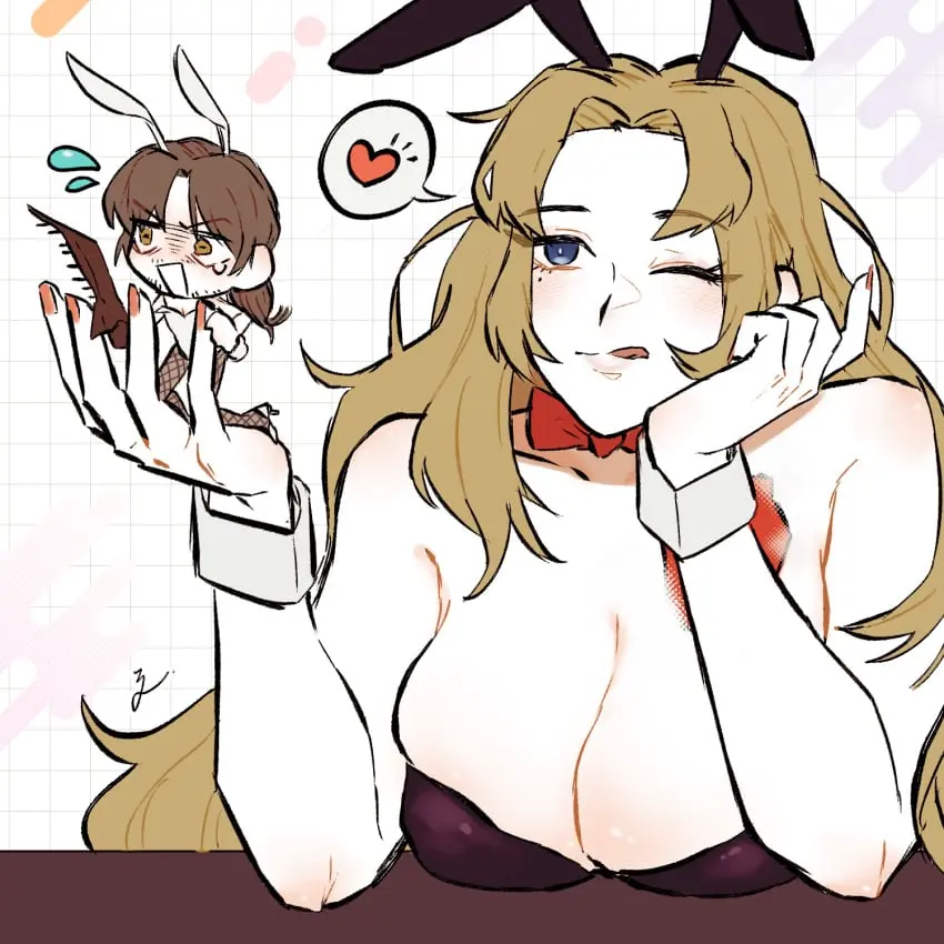 Image 1girls,big_breasts,blush,breasts,female,long_hair,1boy,blue_eyes,male,one_eye_closed,bunny_ears,revealing_clothes,bunnysuit,tie,project_moon,limbus_company,rodion_(limbus_company),gregor_(limbus_company)
