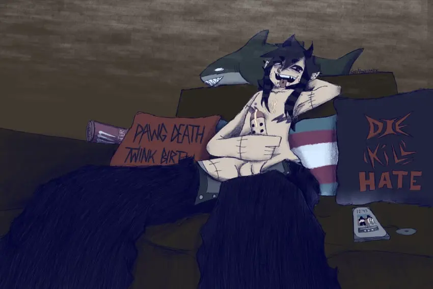 Image looking_at_viewer,1boy,blue_hair,cum,cum_drip,male,penis,tongue_out,armpits,horns,femboy,male_only,tattoo,piercing,sitting,cock,ejaculation,dick,demon_horns,masturbation,cum_on_body,fangs,couch,oc,phone,smoke,cum_on_upper_body,twink,jeans,self_insert,plushie,piercings,stitches,mastectomy_scar,trans_man,transmasc,shirtless,penis_out,tattoos,tongue_piercing,blahaj,ikea,monster_energy_drink,ejaculate,jerking_off,shirtless_male,monster_energy,transgender_pride_colors,cock_piercing,jeans_down,playing_music,couch_sitting,jacking_off,100_gecs,die_kill_hate,inebriated,plush,selfmademalix