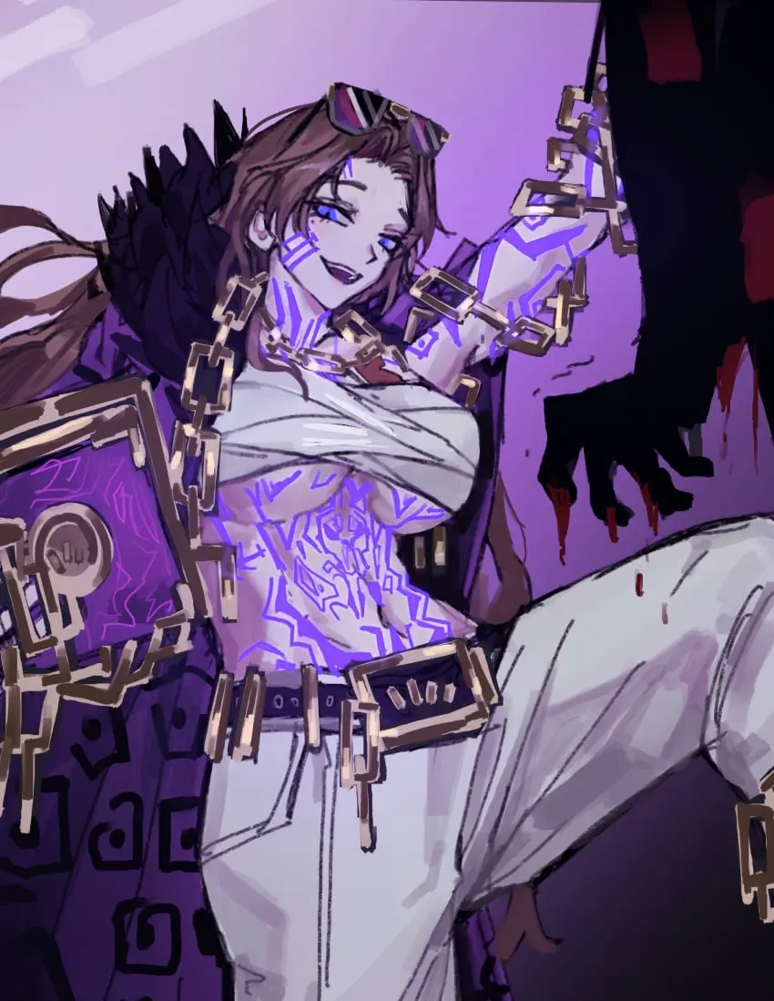 Image 1girls,big_breasts,breasts,clothing,female,long_hair,looking_at_viewer,smile,blue_eyes,cleavage,tattoo,glasses,brown_hair,revealing_clothes,chains,tattoos,project_moon,upscaled,limbus_company,rodion_(limbus_company)