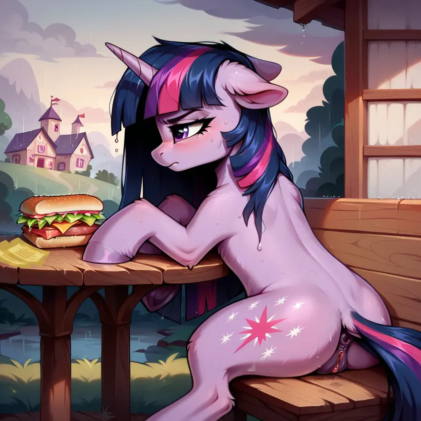 Image female,female_only,pussy,ass,ai_generated,purple_fur,anus,sitting,purple_eyes,purple_hair,fur,horn,purple_body,friendship_is_magic,hasbro,my_little_pony,animal_genitalia,feral,animal_pussy,cutie_mark,equine_pussy,feral_only,food,twilight_sparkle_(mlp),sandwich_(food)
