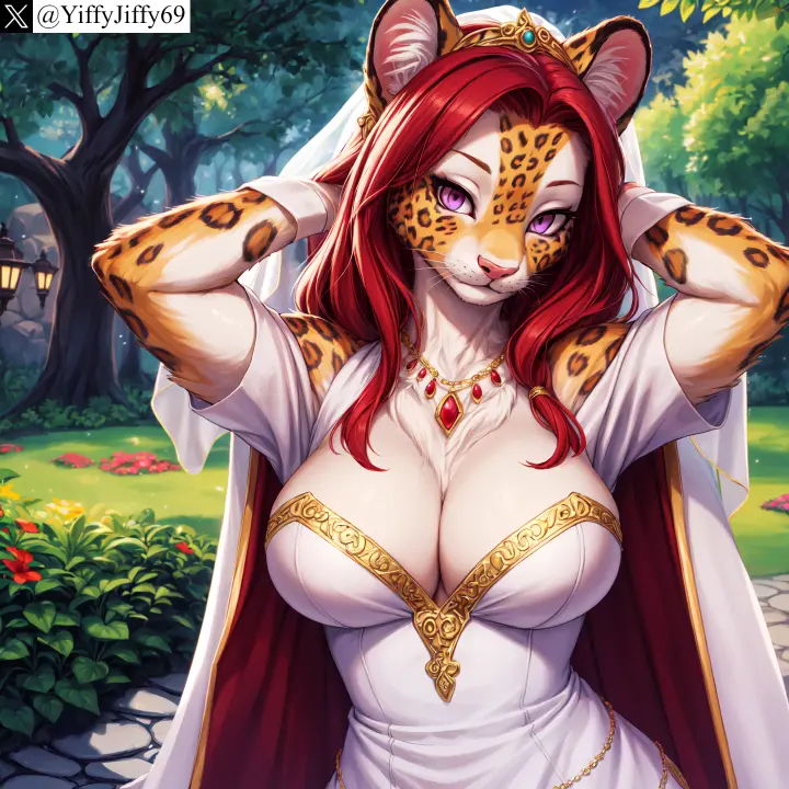 Image breasts,female,large_breasts,long_hair,looking_at_viewer,solo,animal_ears,red_hair,furry,watermark,ai_generated,artist_name,cleavage,jewelry,anthro,furry_female,twitter,stable_diffusion,dress,purple_eyes,necklace,outdoors,white_dress,cape,feline,tree,tiara,leopard,twitter_username,veil,yiffyjiffy69