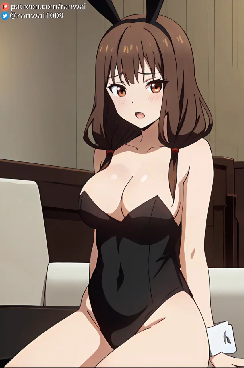 Image 1girls,brown_eyes,female,female_only,human,solo,ai_generated,stable_diffusion,sitting,brown_hair,bunny_girl,bunnysuit,anime,kaguya-sama_wa_kokurasetai_~tensai-tachi_no_renai_zunousen~,ranwai,iino_miko
