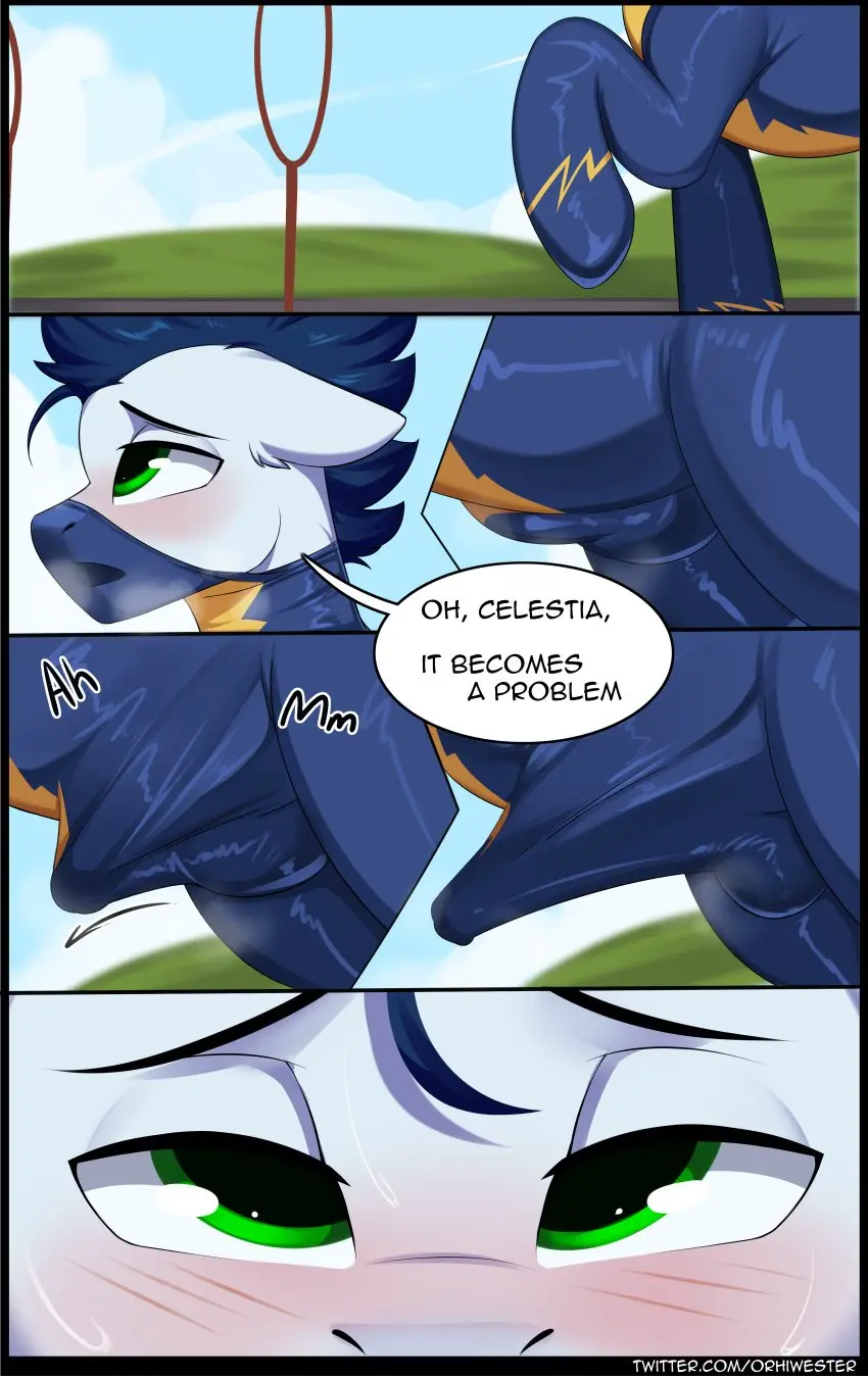 Image blush,clothing,hi_res,solo,male,penis,wings,text,mythology,absurd_res,looking_pleasured,bulge,comic,genitals,mammal,latex,latex_clothing,latex_skinsuit,skinsuit,tight_clothing,speech_bubble,friendship_is_magic,hasbro,my_little_pony,animal_genitalia,animal_penis,mythological_creature,detailed_background,uniform,feral,equine_genitalia,equid,equine,horse,pegasus,pony,url,equine_penis,mythological_equine,raised_leg,ball_bulge,soarin_(mlp),wonderbolts_(mlp),becoming_erect,orhifw