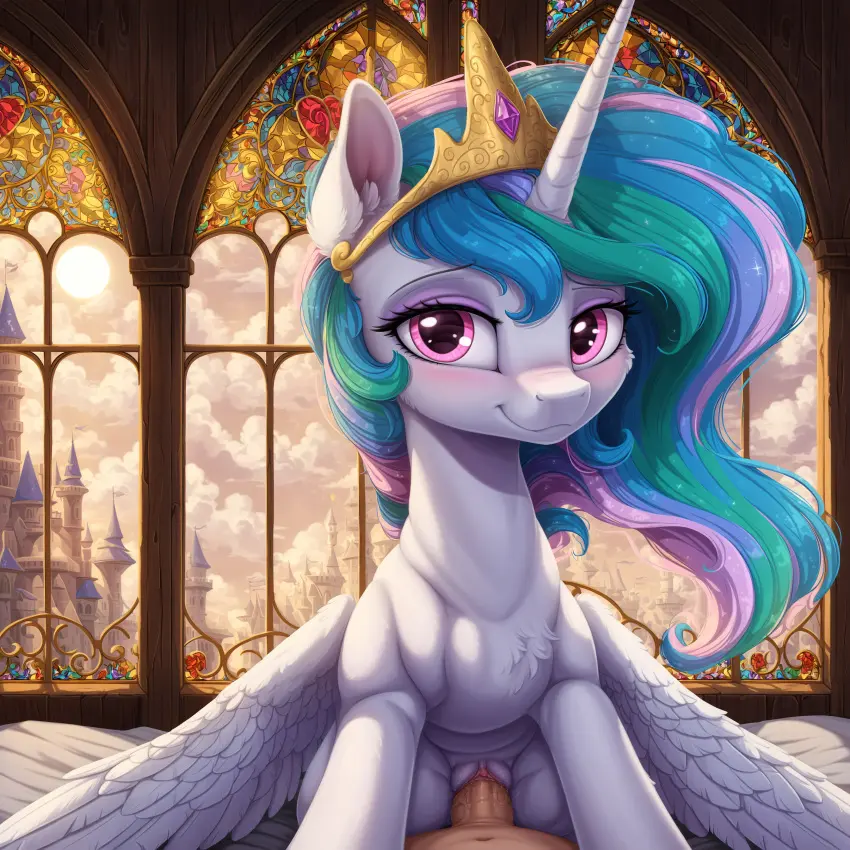 Image female,human,looking_at_viewer,smile,blue_hair,male,penis,pussy,furry,ai_generated,pink_hair,clitoris,pink_eyes,vaginal_penetration,pov,green_hair,fur,mammal,horn,interspecies,white_body,friendship_is_magic,hasbro,my_little_pony,princess_celestia_(mlp),white_fur,feral,equid,equine,horse,pony,girl_on_top,human_on_feral,zoophilia,crown,alicorn